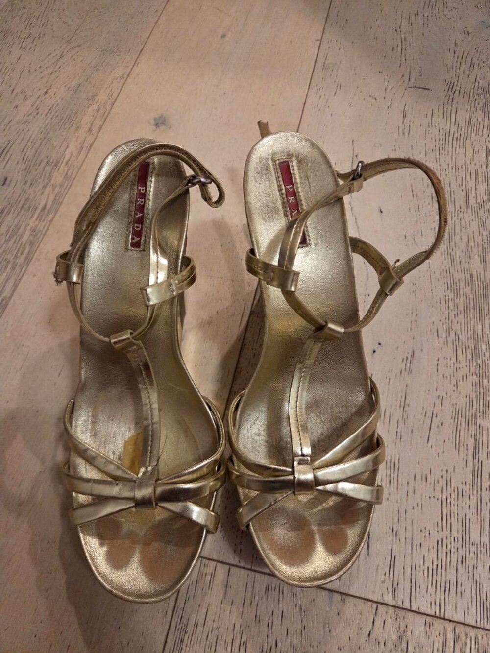 PRADA Vintage Metallic Gold T-Strap Wedge Sandals - Size 40 / 10 US